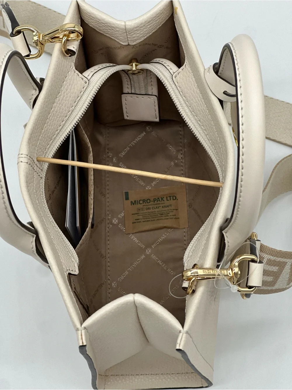 Michael Kors Cream Leather Satchel with Logo Strap and MK Charm